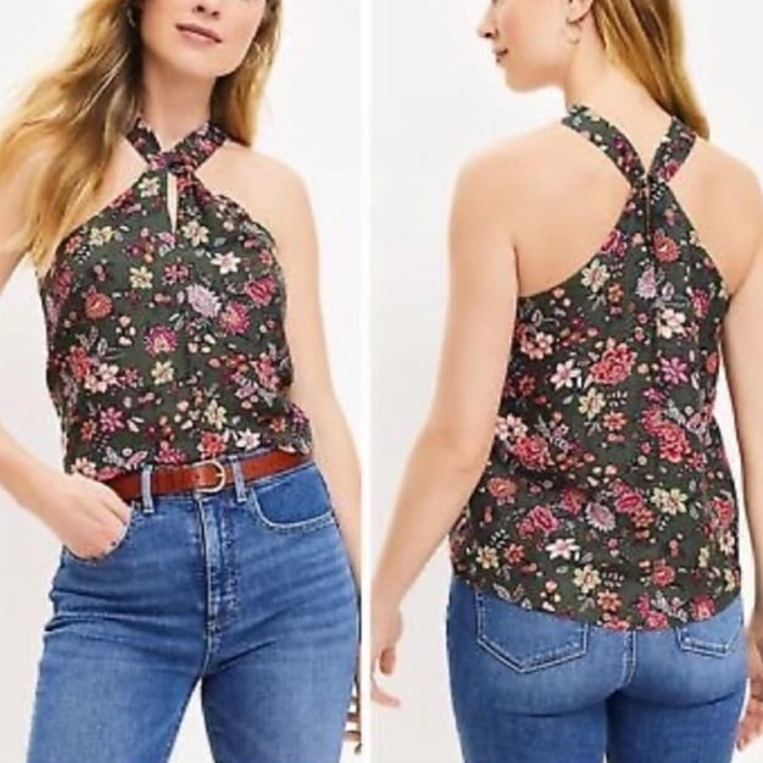 LOFT | Green/Pink/Orange/Yellow Floral Country Garden Linen/Viscose Halter Sz Sm