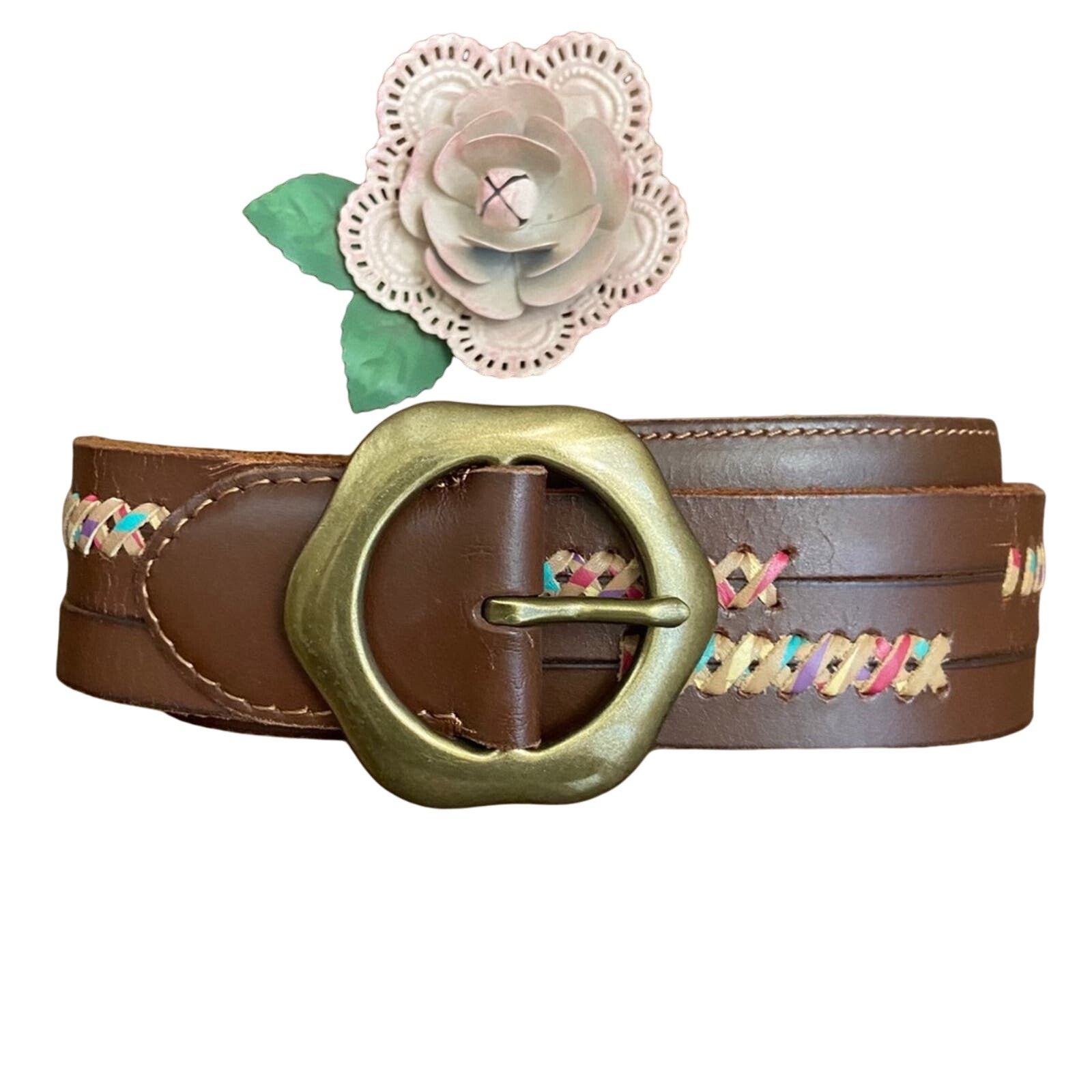 Lucky Brand Brown Leather Belt Colorful Stitching Women's Size Small