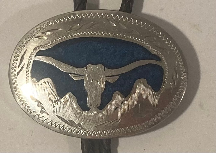 Vintage Metal Bolo Tie, Longhorn Bull, Steer, Nice Silver with Blue Crushed