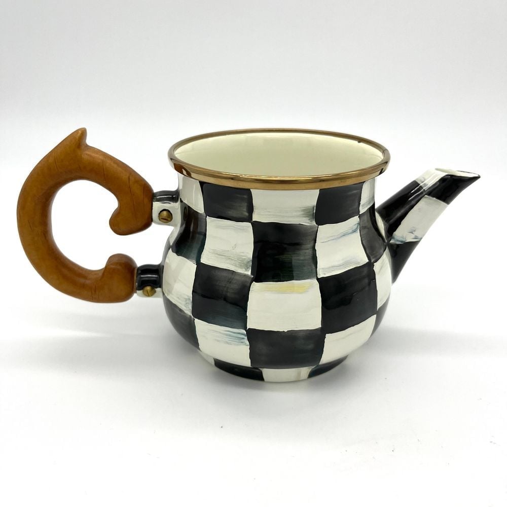 MacKenzie-Childs Courtly Check Creamer Wooden Handle Vintage Enamel Collectible