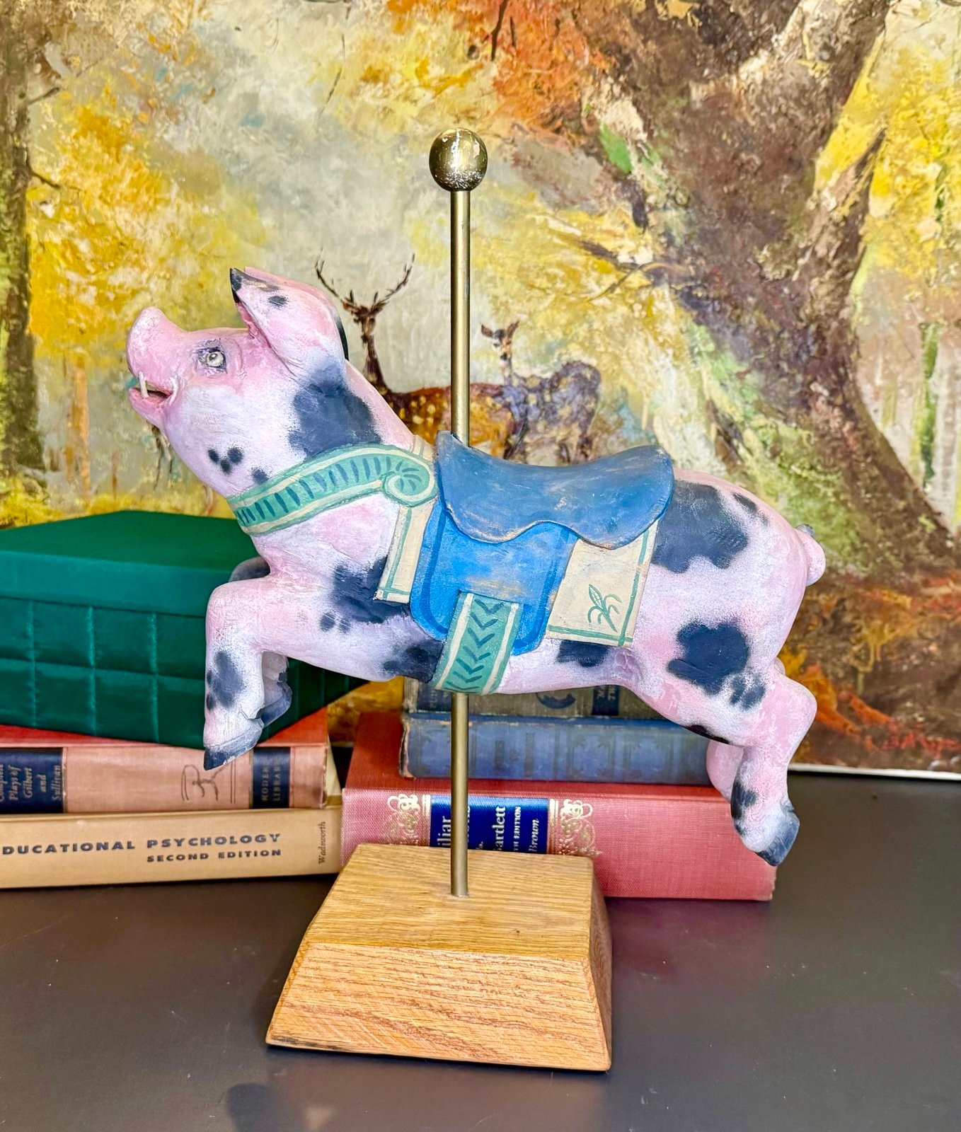 15” VINTAGE SOLID WOOD HANDMADE SIGNED PINK PIG CAROUSEL FIGURINE STATUE