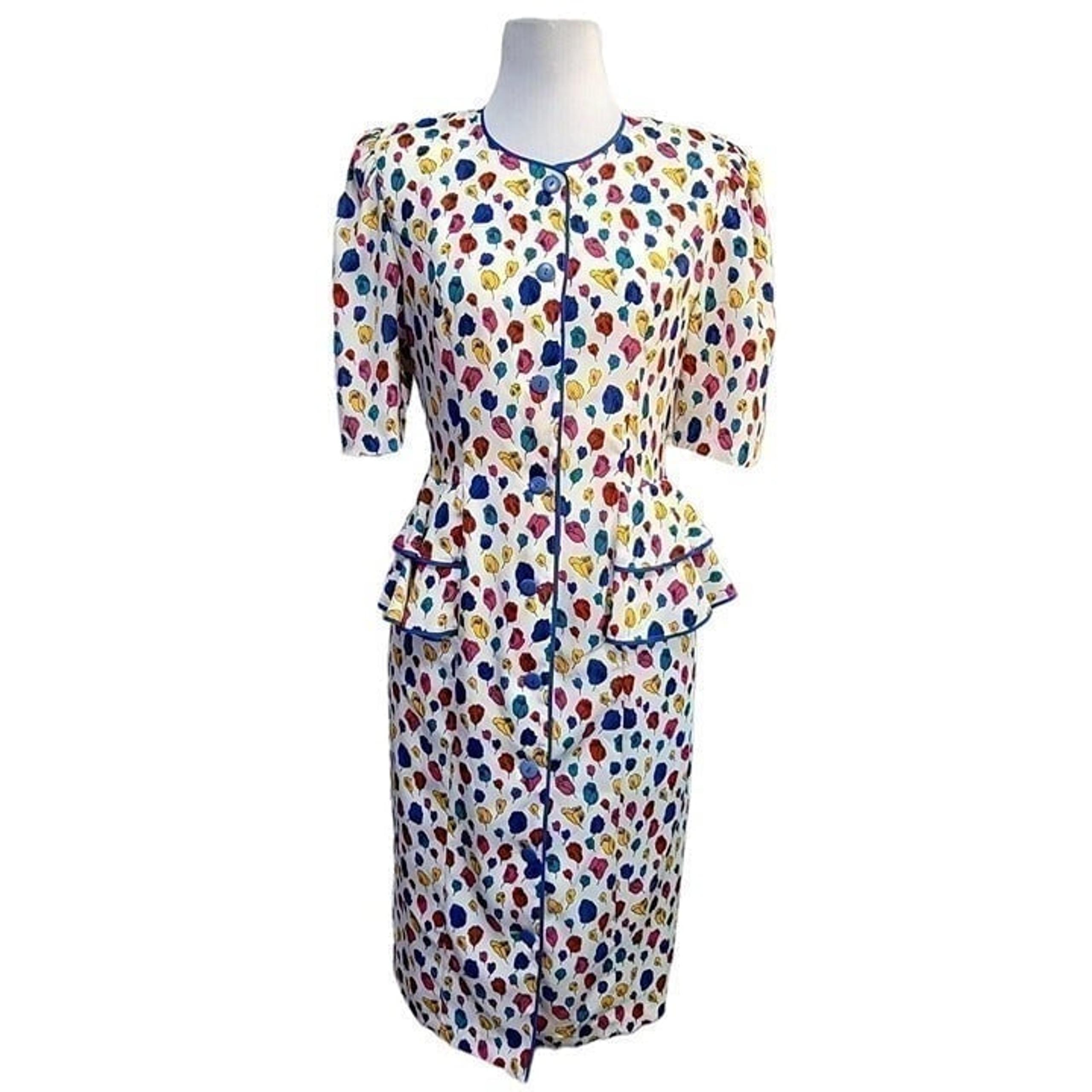 Vintage 80s Ms Chaus Womens 12 Colorful Rose Floral Pattern Peplum Sheath Dress