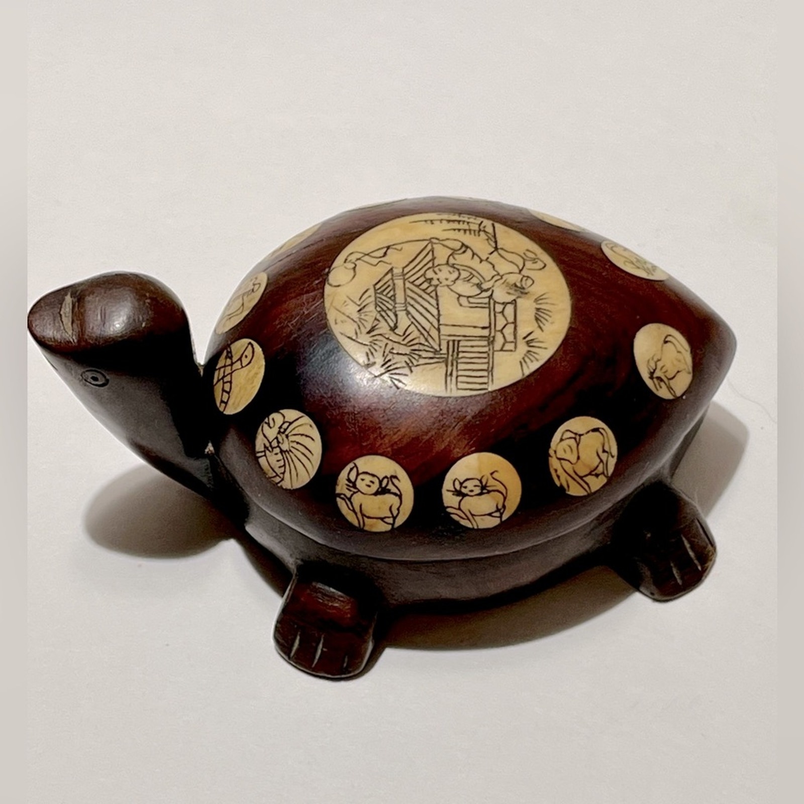 Vintage Chinese Zodiac wood turtle compass