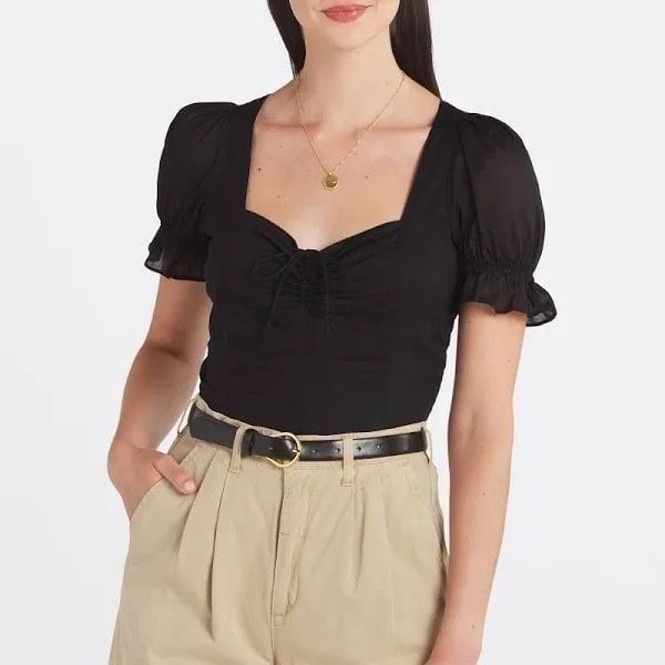 1.STATE Women's Puff Sleeve Cinched Front Sweetheart Top In Black