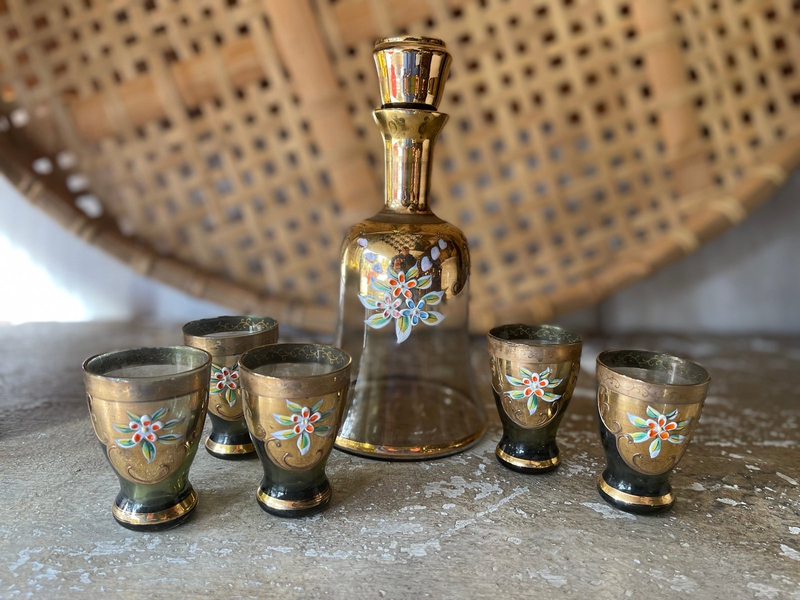 Vintage Bohemian Hand Painted Floral Pattern Decanter & 5 Cups/Shot Glass