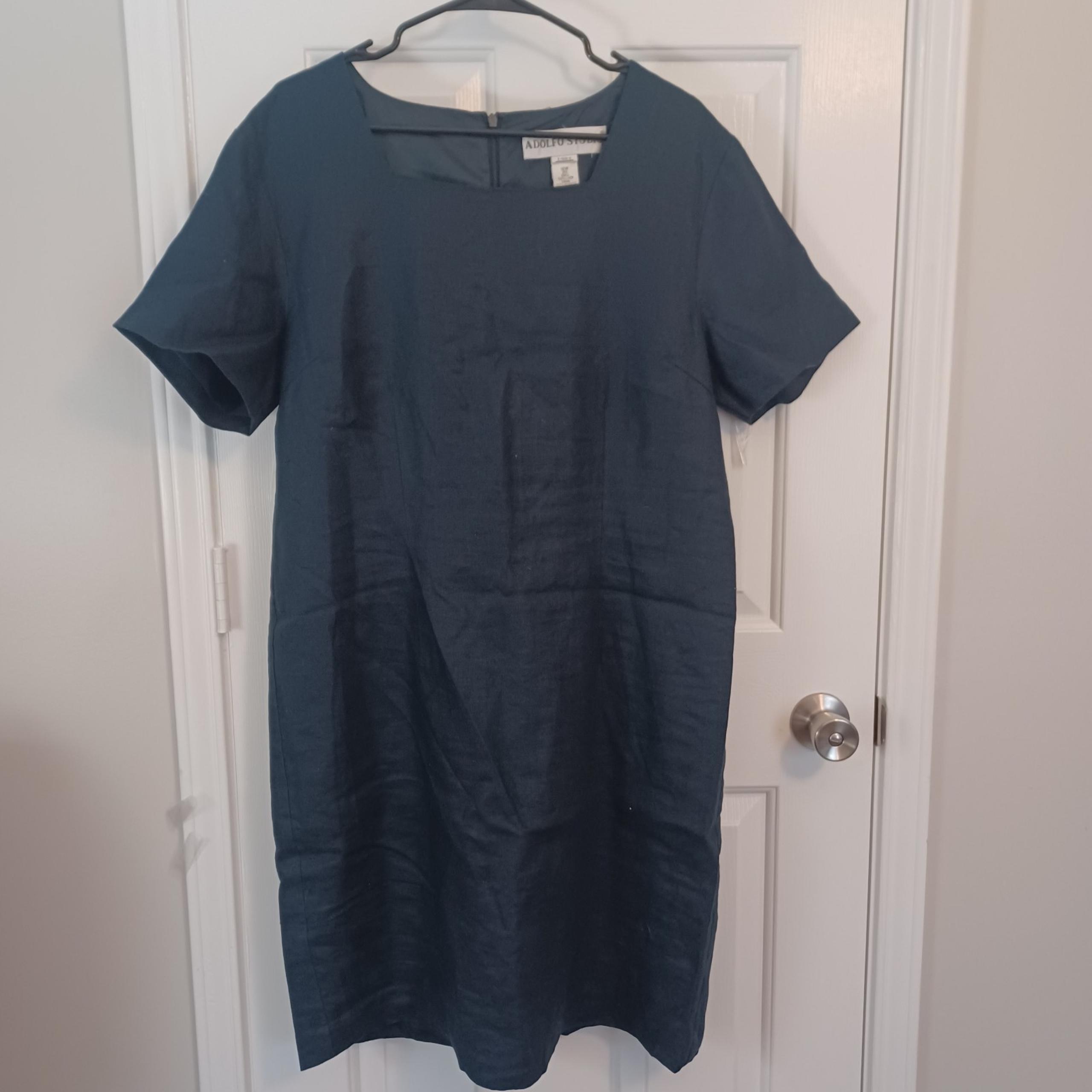 Adolfo Studio 100% Linen Navy Classic Shift Dress Sz 14/16W