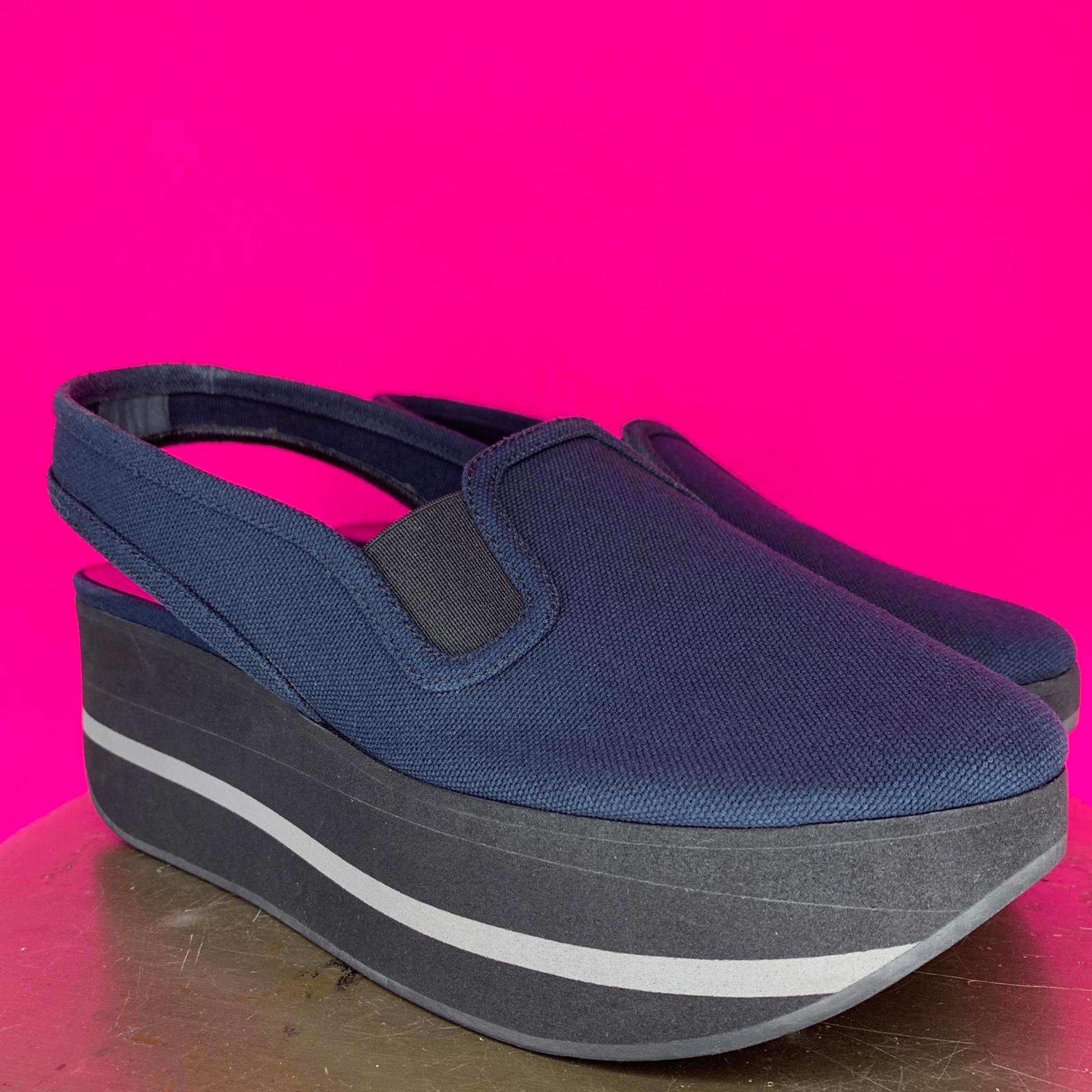 Jil Sander Navy Blue Canvas Slingback Platform Closed Toe Sandal Sz 39