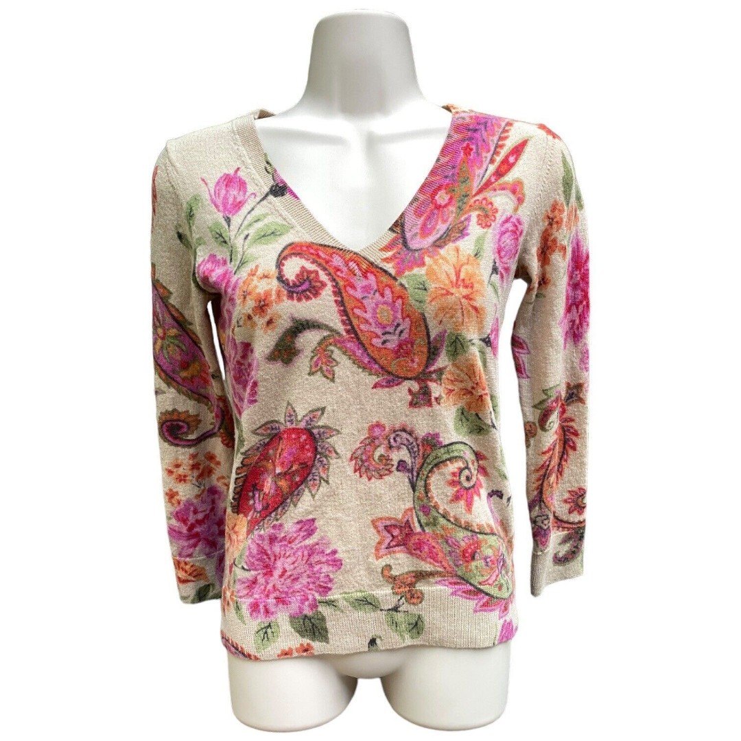 Talbots Sz Small Fine Knit Merino Wool Paisley Pullover Sweater Luxury Classic