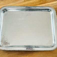 Hammered Steel Silver Metal Tray Platter Gold Trim 16.5” x 12.5”