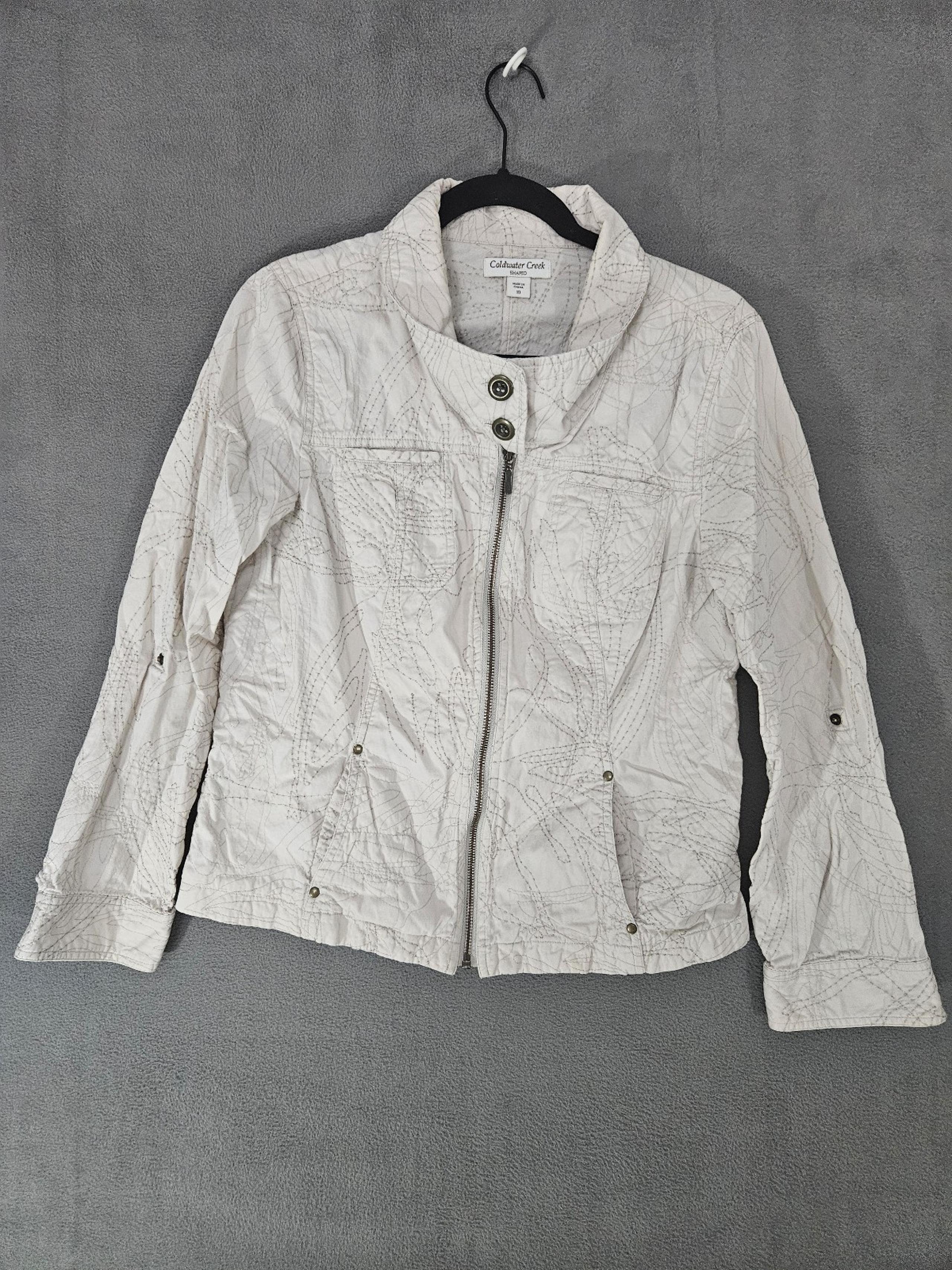 Vintage Coldwater Creek Womens Jacket Mockneck Embroidered Size 10 Beige Zip