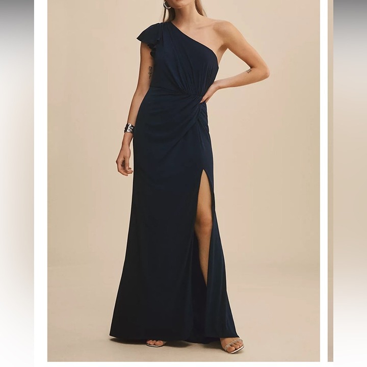 Mac Duggal Draped One-Shoulder Jersey Gown 12 Navy