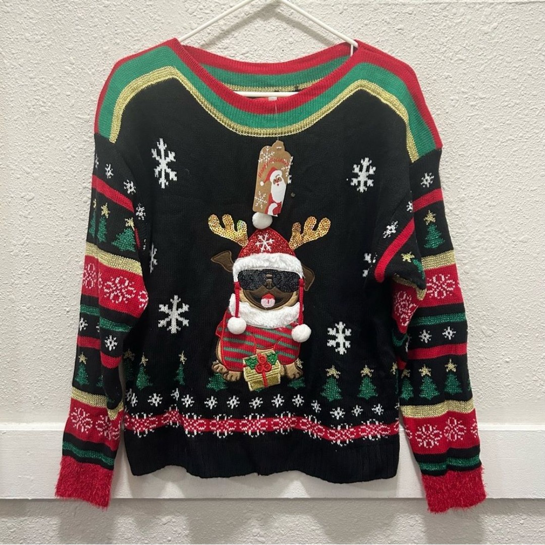 Blizzard Bay Pug with Sunglasses Women's Ugly Christmas Sweater NWT Small