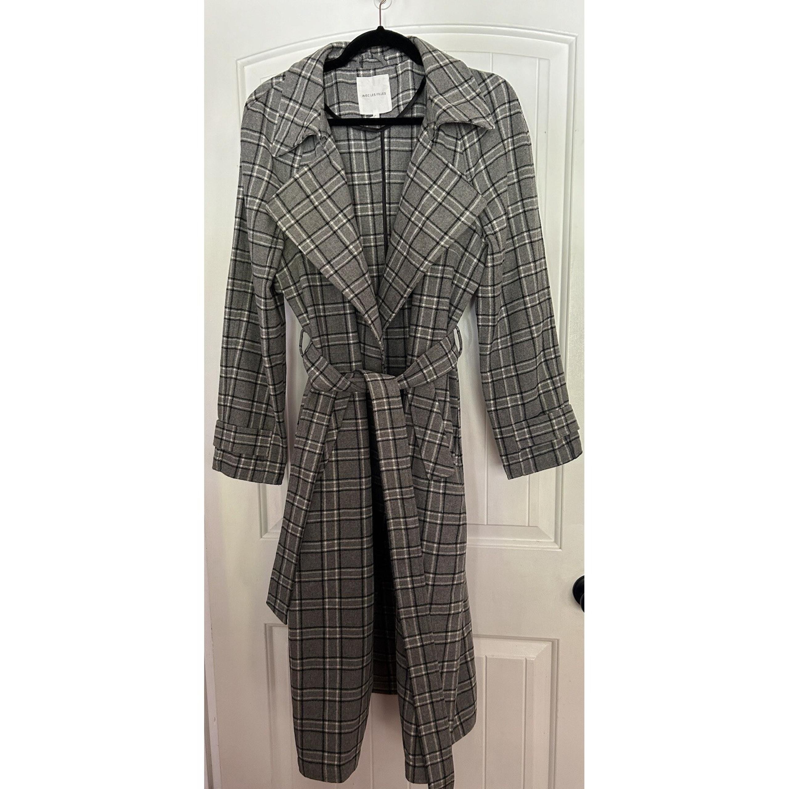 Avec Les Filles Women's Grey Plaid Belted  Trench Coat - Sz L