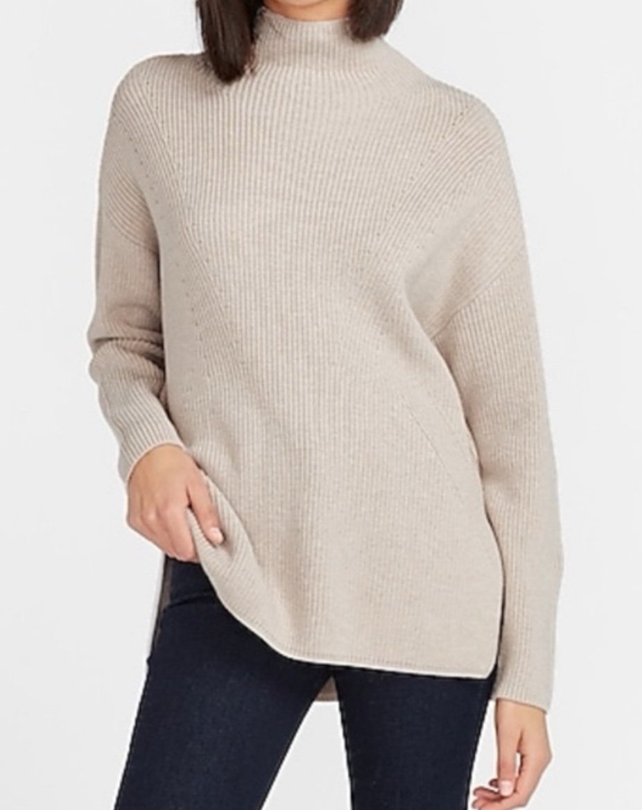 BNWOT Express Side Slit Mock Neck Chunky Knit Sweater M Alabaster