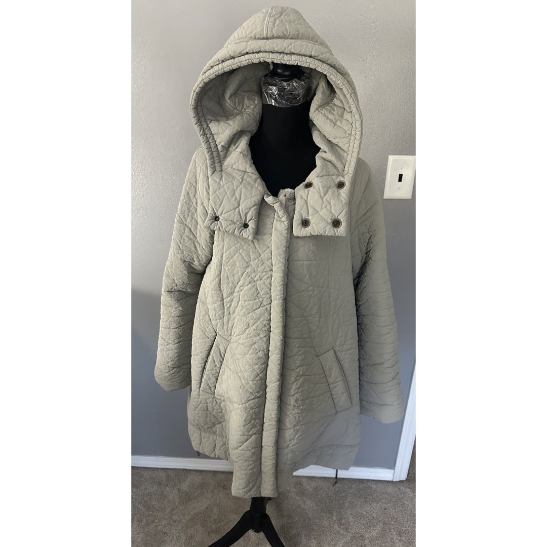 Annette Gortz Clark Gray Hi-Lo Coat Hood Quilted Zip Up MIDI Jacket Womens Sz 6