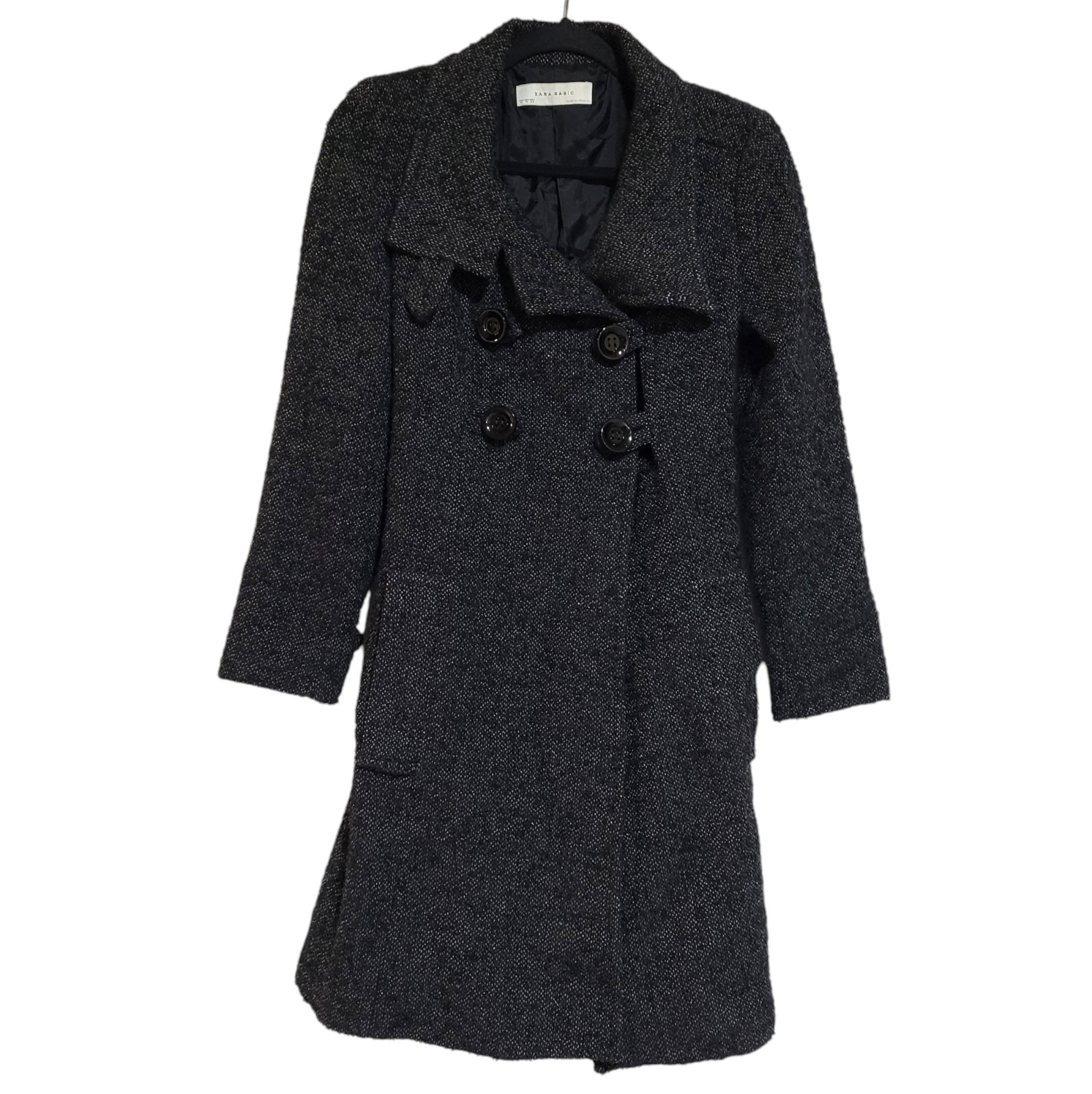 Zara Wool Blend High Collar Boucle Tweed Belted Coat Jacket Black Women's Medium
