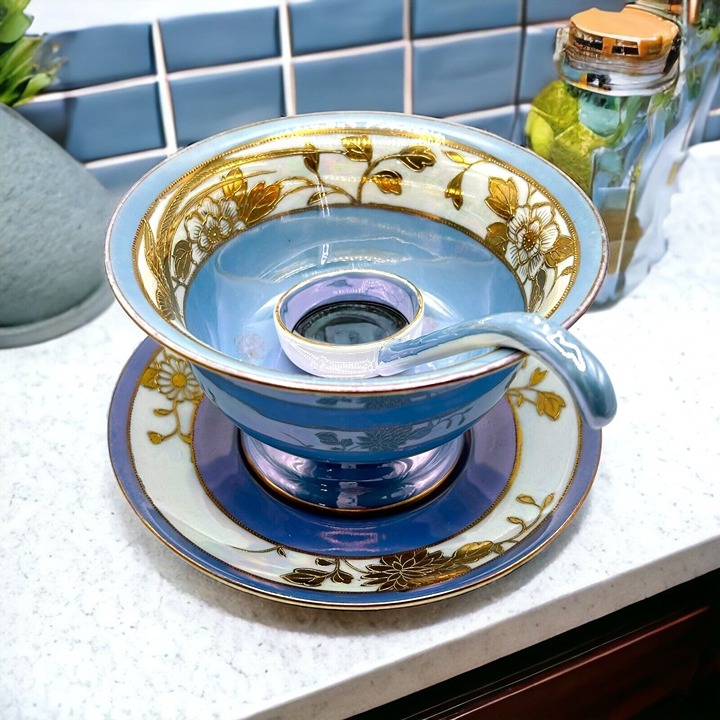 Vintage Noritake Lustreware Condiment Set Blue, Gold & White Floral 3 Pc Set