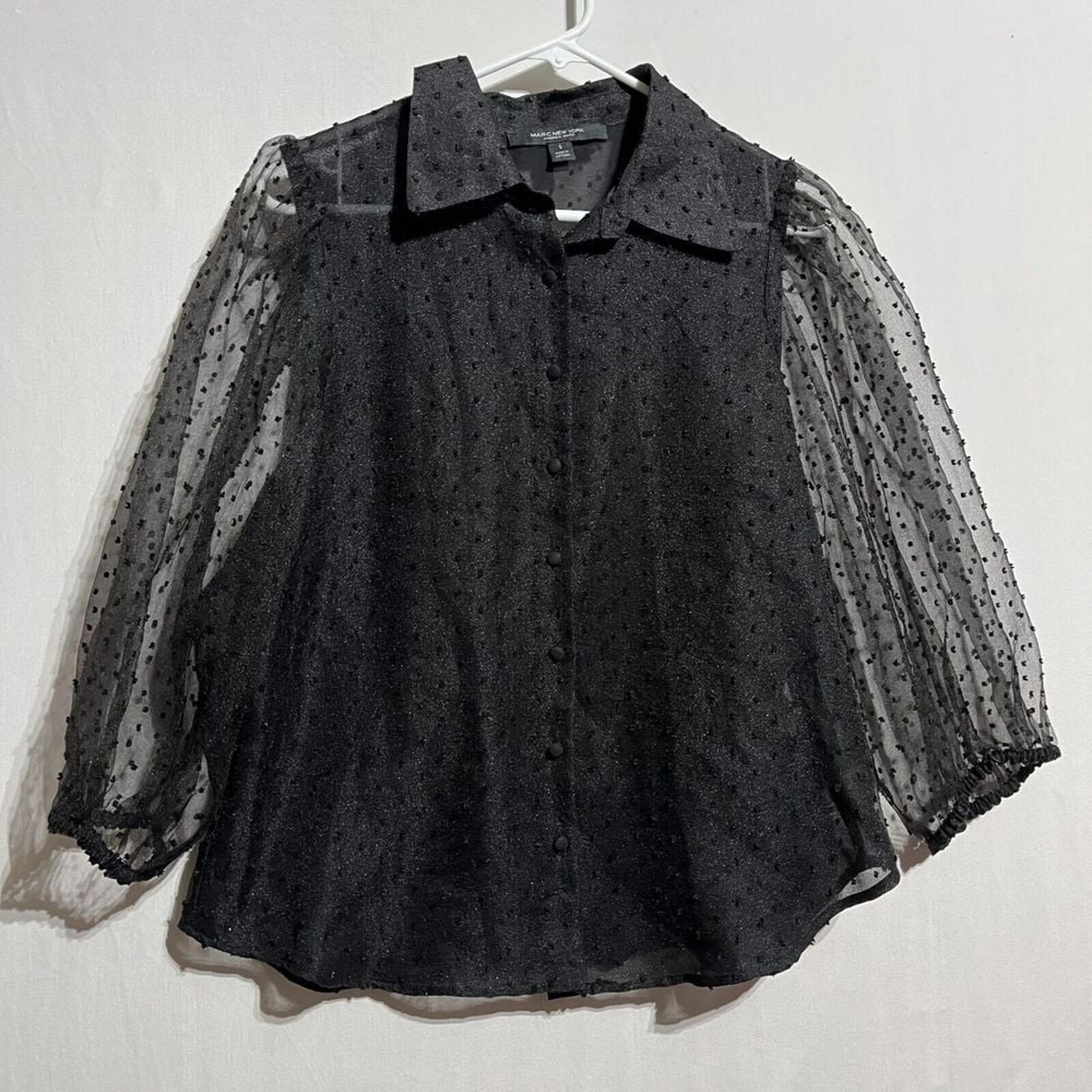 Andrew Marc Blouse Top Women's Small Black Polka Dot Lined Collared Button-Up