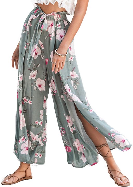 Simplee Women's Elegant Striped Split High Waisted Belted Flowy Wide Leg Pants