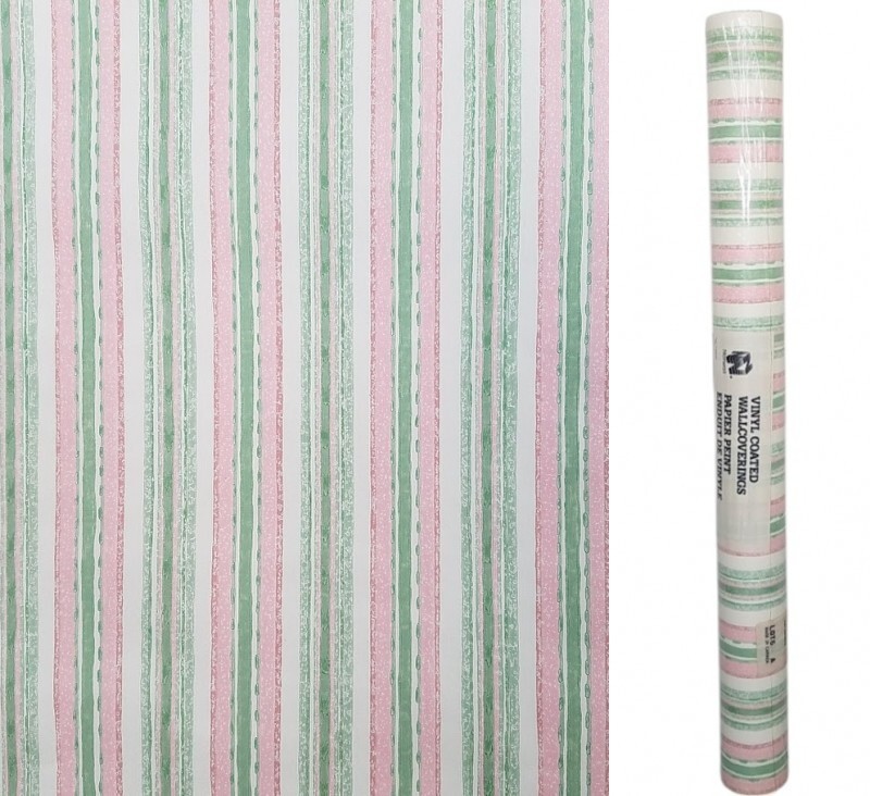Wallpaper Lot of 5 Rolls Pink Green Stripes on White Norwall 1508367 Vintage