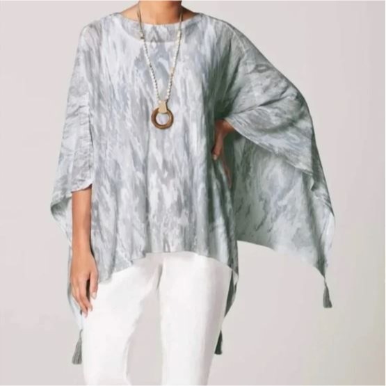 Pure Jill Knit Sweater Poncho Watercolor Camo Print Tassels OS Linen Ikat Silve