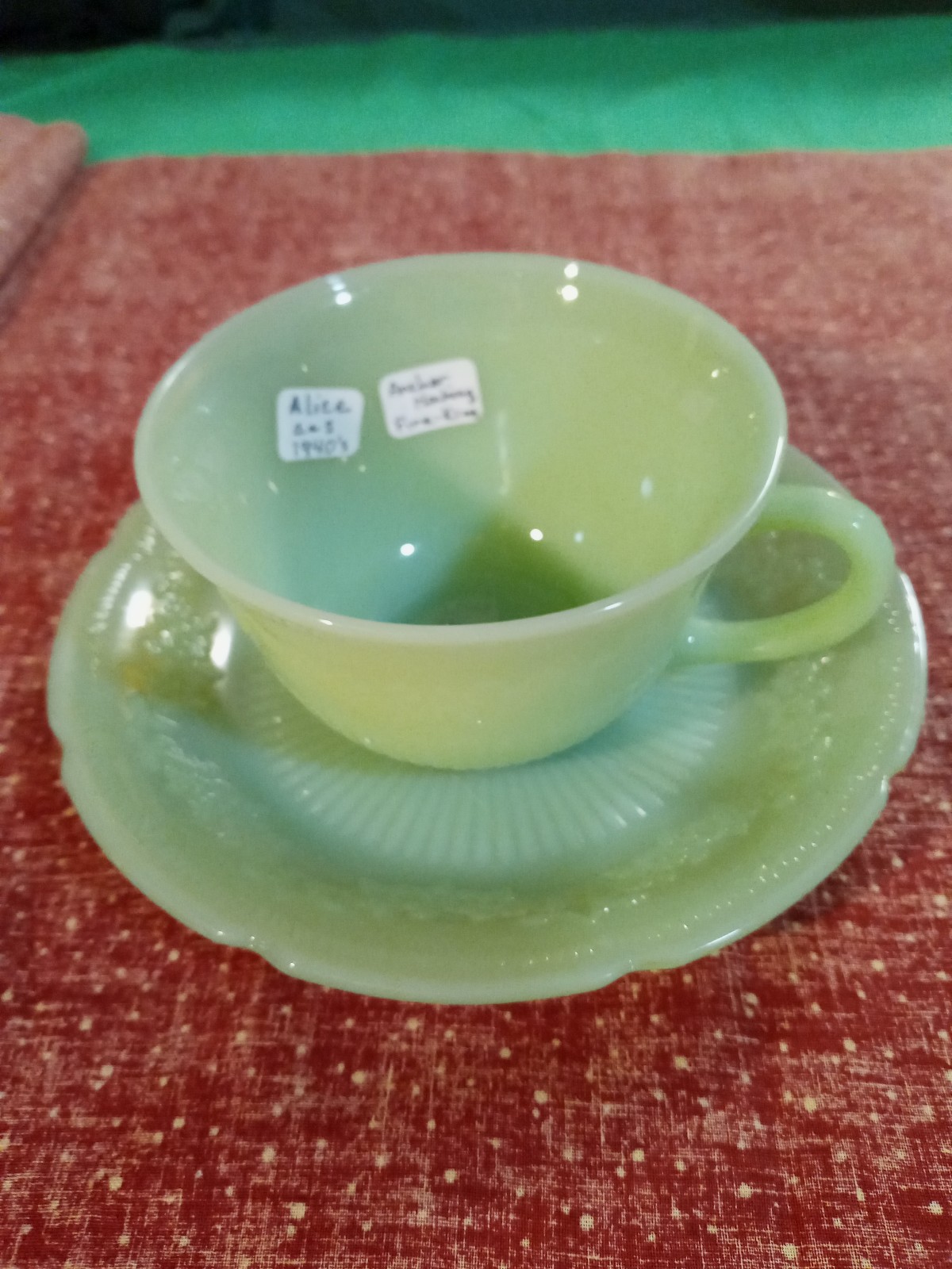 Antique Noble Carved Jadeite Cup Saucer Anchor retailer Hocking Fire King 1940s Very Rare