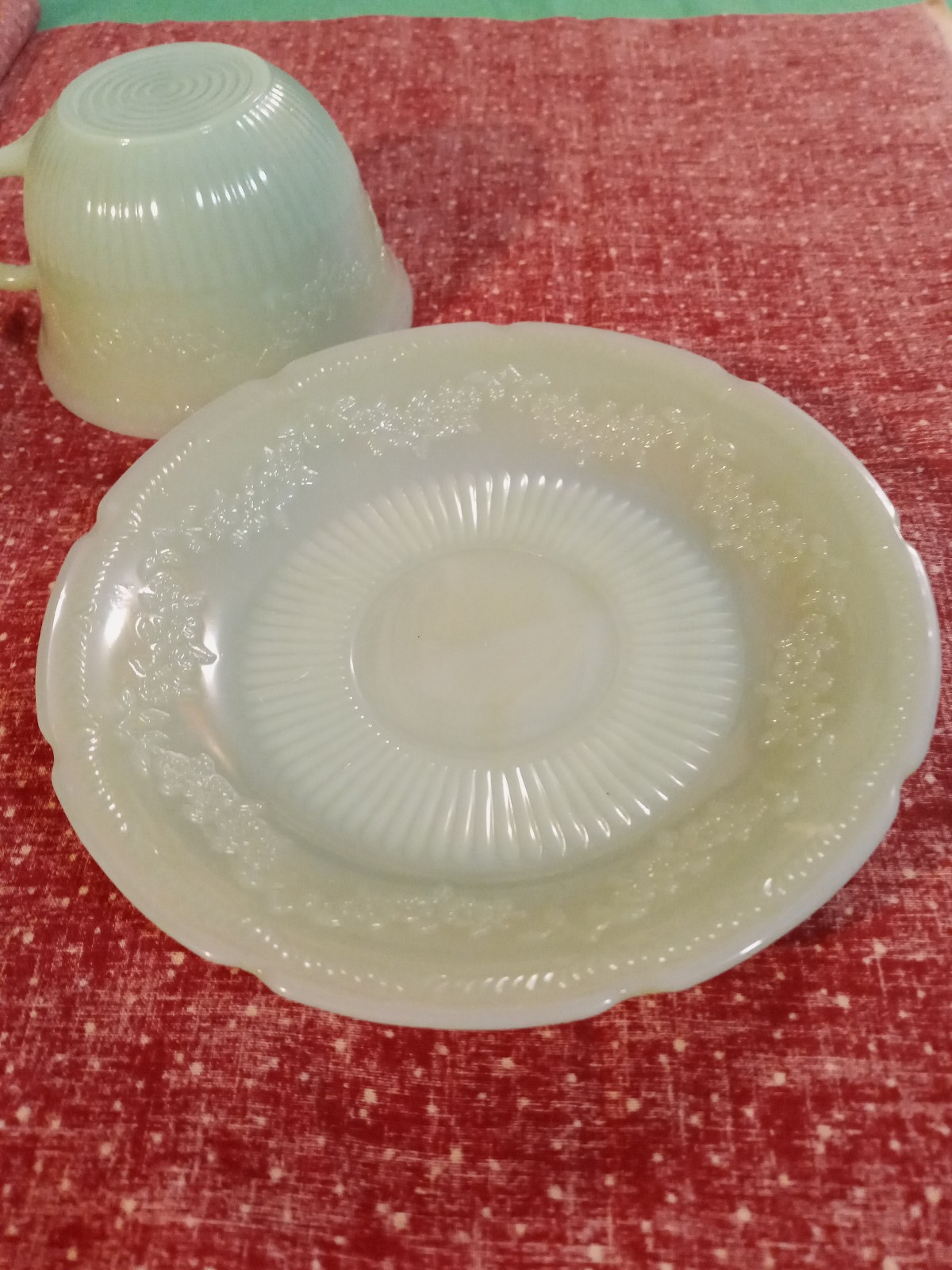 Antique Noble Carved Jadeite Cup Saucer Anchor retailer Hocking Fire King 1940s Very Rare