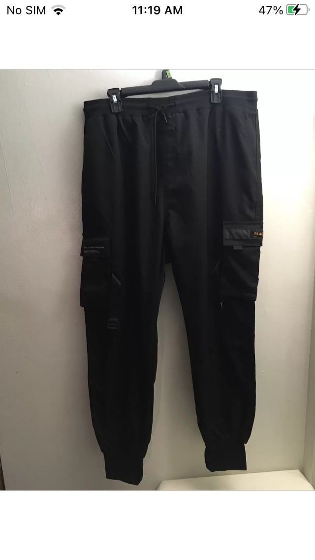 Men’s BT Black Cargo Streetwear Cargo Tapered Pants Size 40 Black Drawstring
