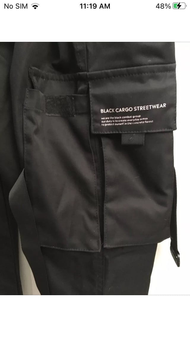 Men’s BT Black Cargo Streetwear Cargo Tapered Pants Size 40 Black Drawstring - detail