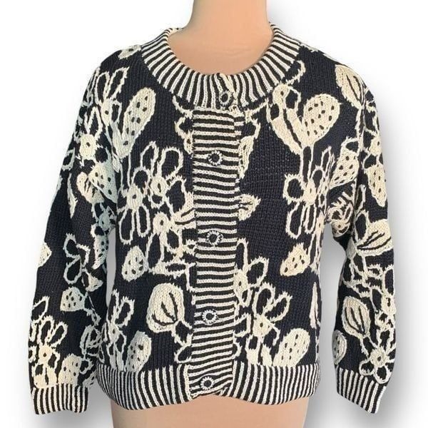 Vintage Express Cardigan Sweater Chunky Black Cream Flower Knit Striped Collar
