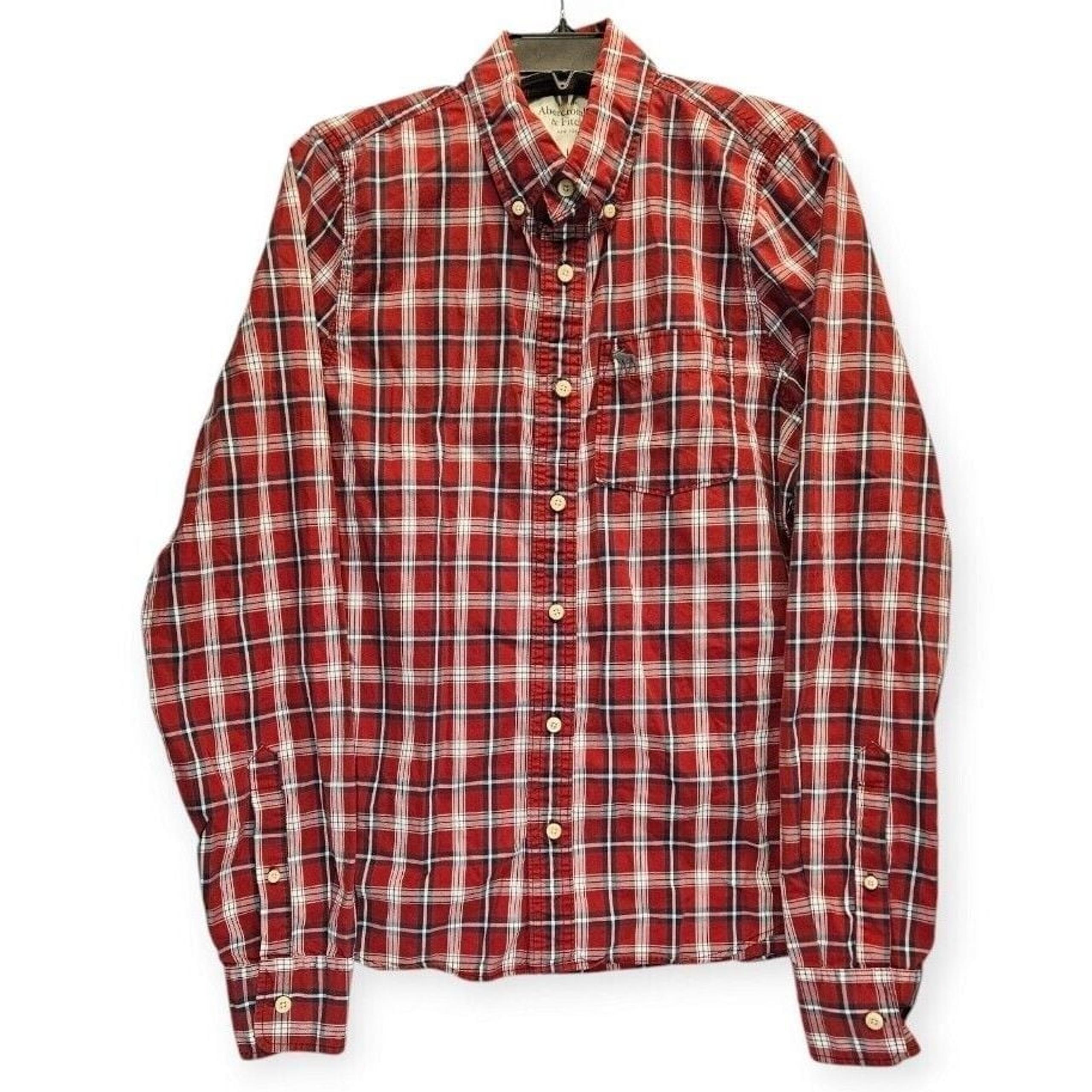 Abercrombie & Fitch Shirt Large Muscle Fit Plaid Red White Black Classic Preppy