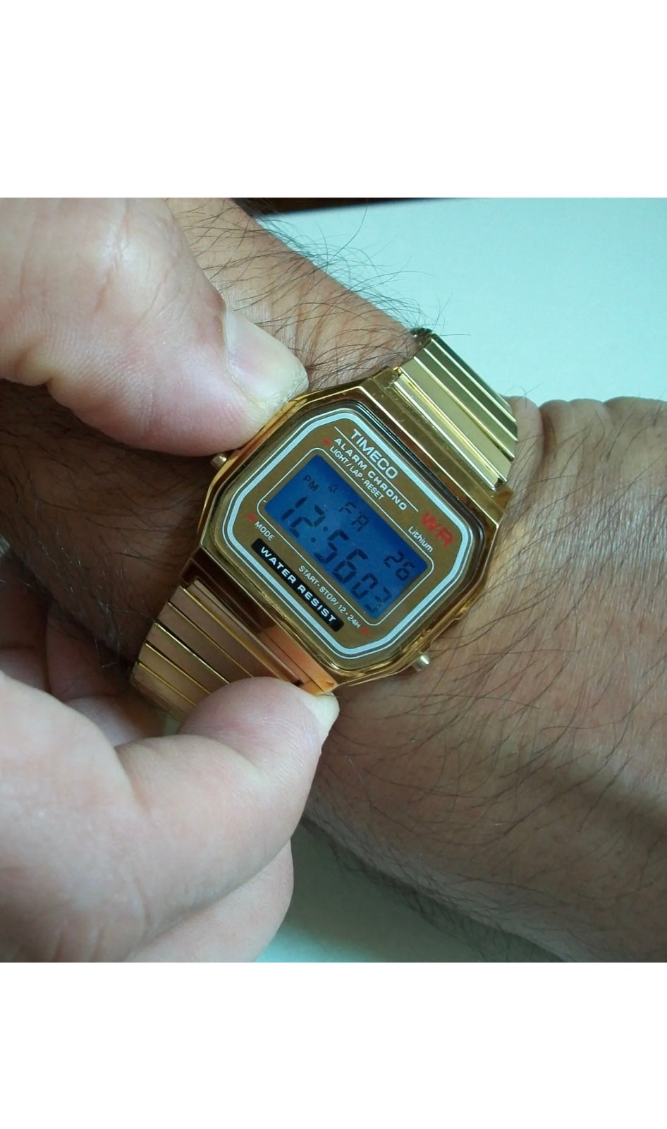 Men or women gold finish fashion digital blue light up alarm, stop watch