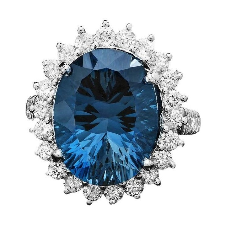 13.20Ct Natural Oval London Blue Topaz & Diamond Halo Solitaire Ring 14k White