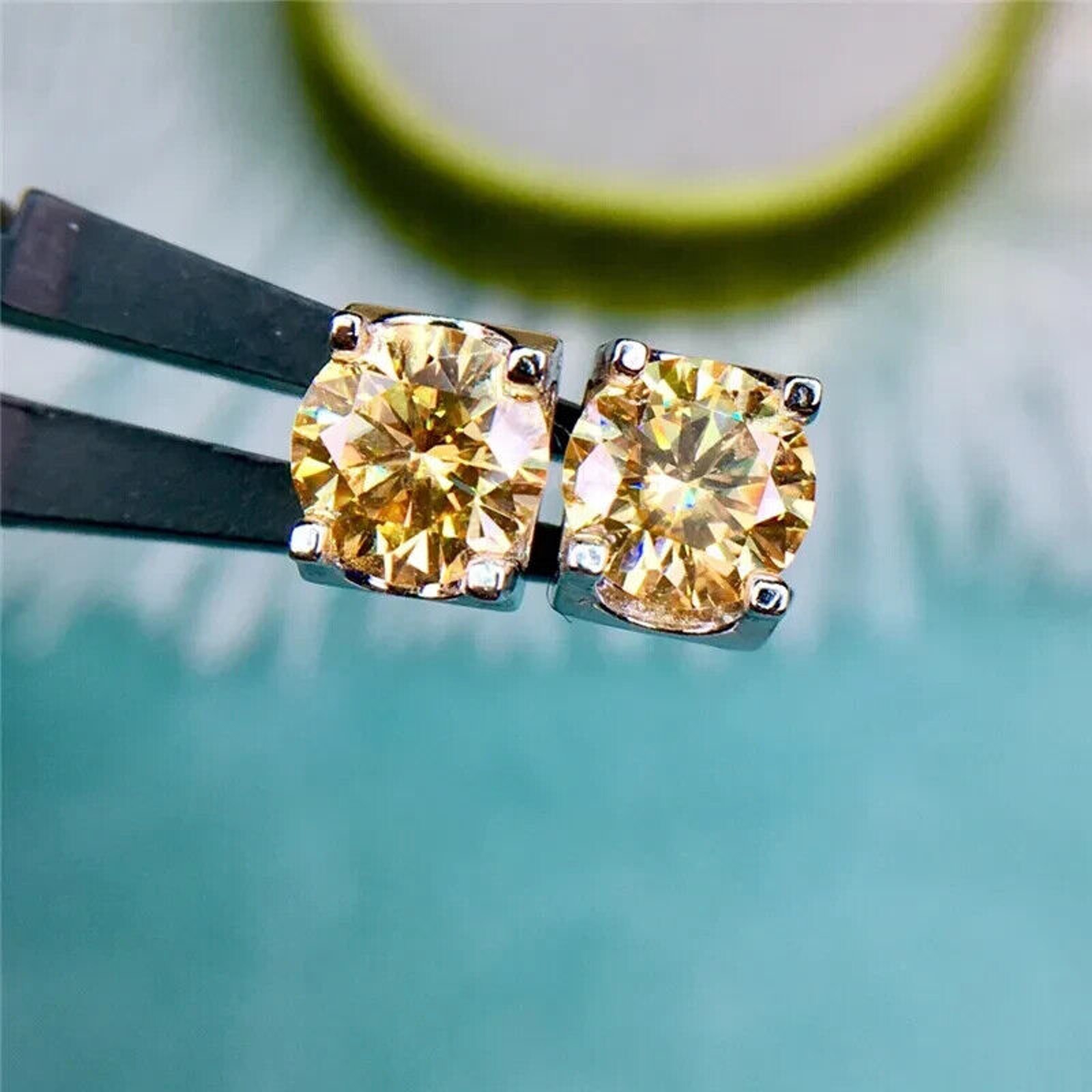 1 Carat VVS1 Round Brilliant Yellow Moissanite Stud Earrings Sterling Silver