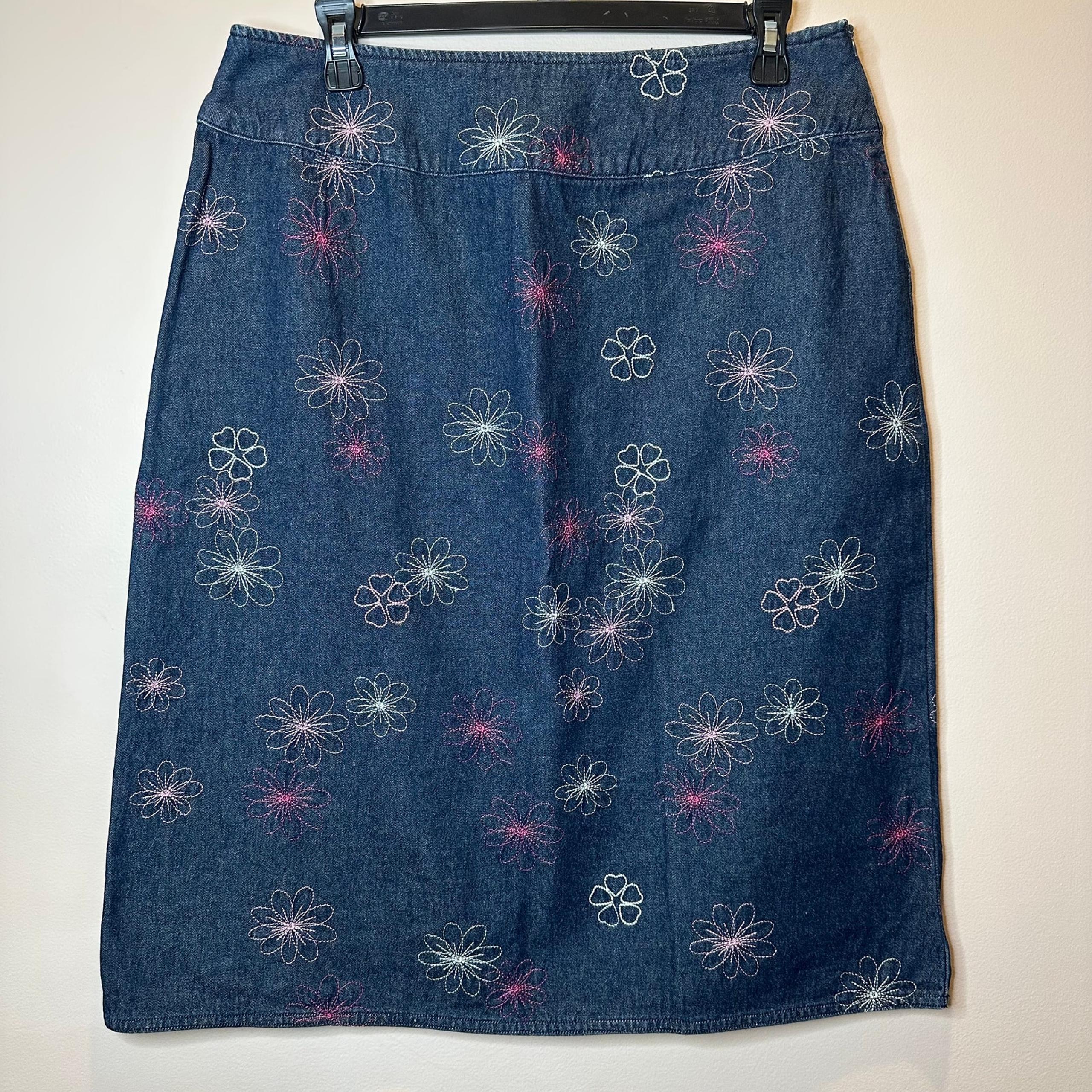 Willi Smith Embroidered Flower Cotton Denim A-Line Midi Skirt Womens Size 10 Y2K