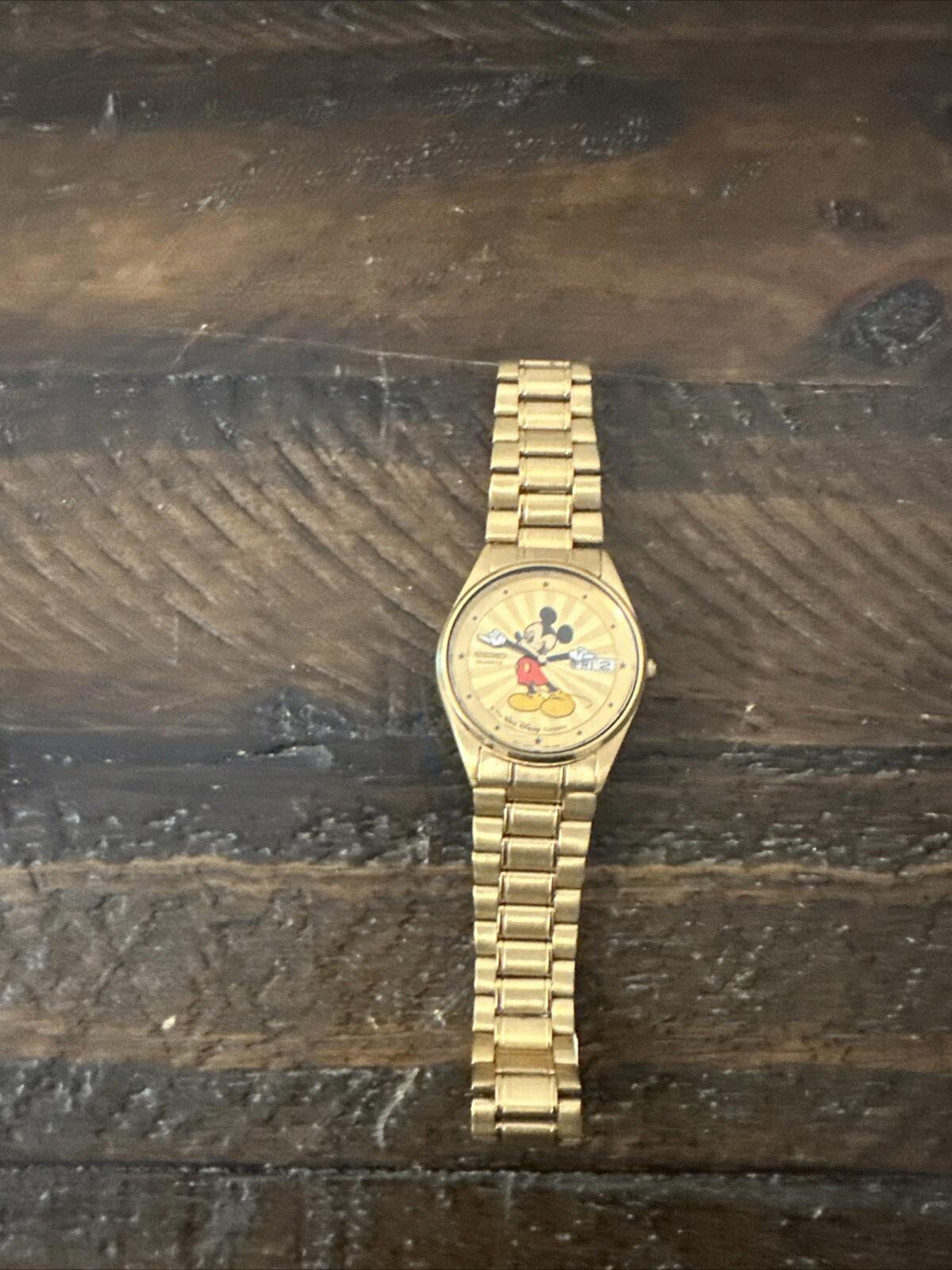 VTG Seiko Mickey Gold Day-Date Sunburst Dial Unisex Watch 7N43-7A59 New Bat 34mm