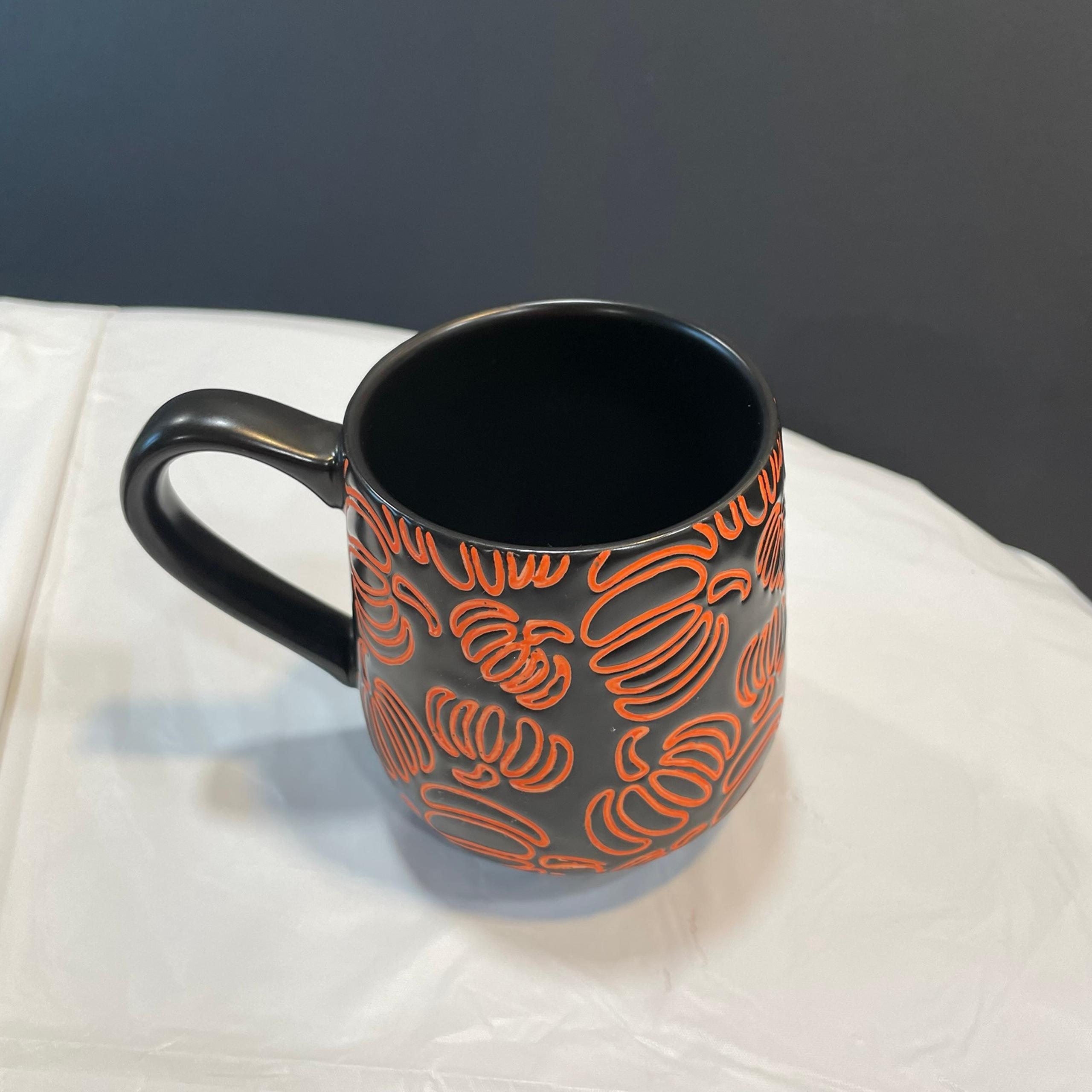 Crofton, pumpkin coffee mug, cup. Halloween black mug with orange pumpkins.