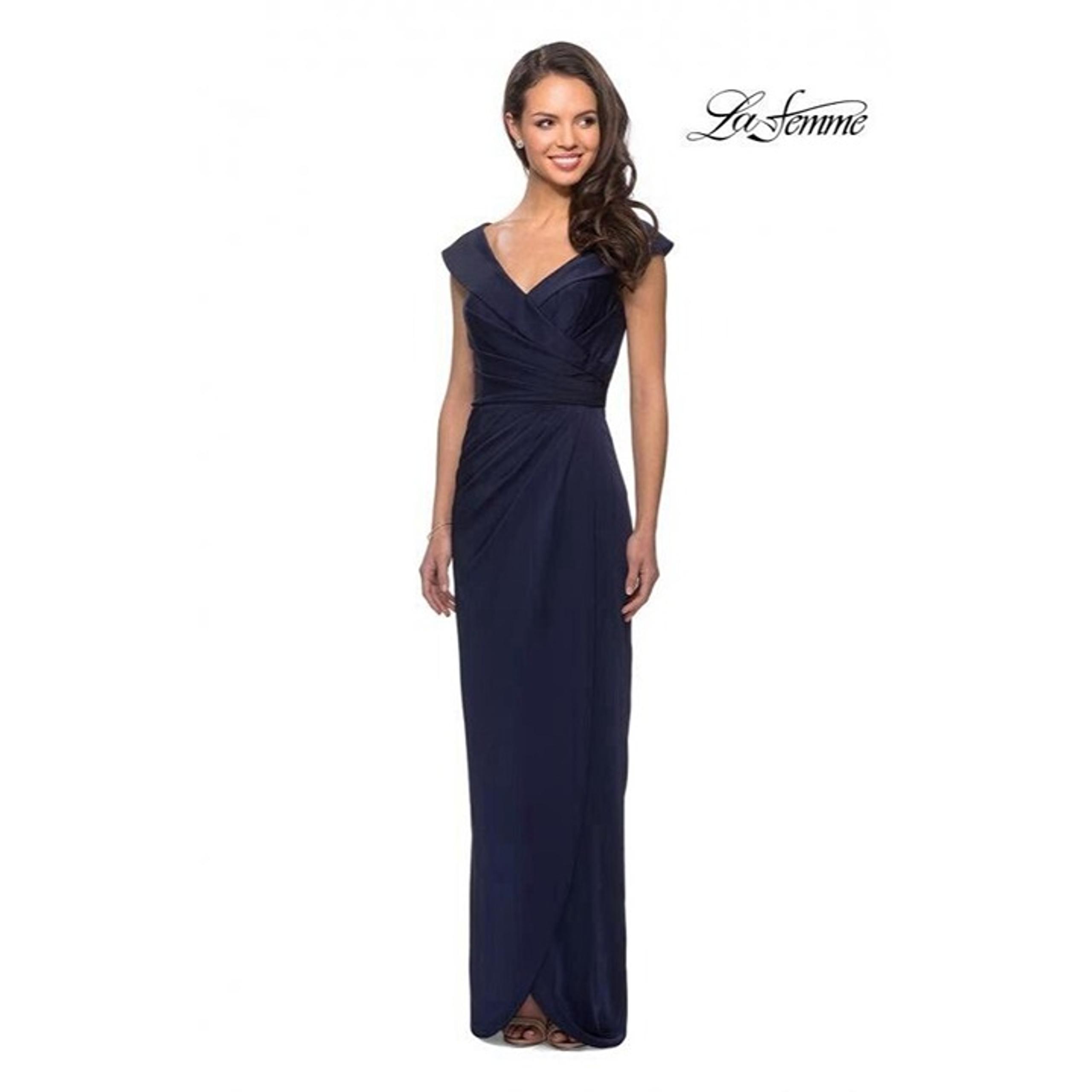 La Femme Womens Size 12 Navy Blue Off-the-Shoulder Ruched Column Gown Dress E