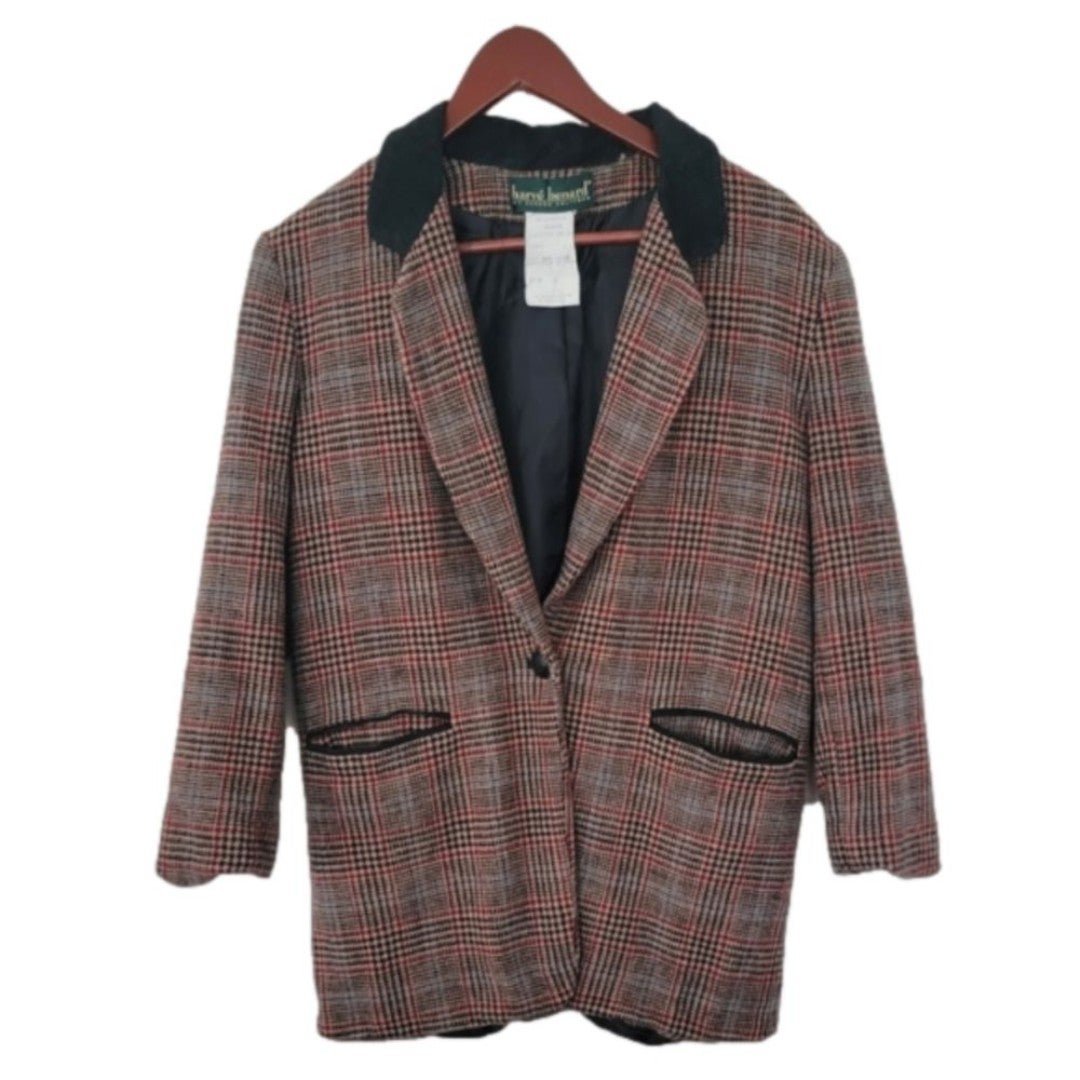 Harve Bernard By Bernard Holtzman 100% Wool Blazer Red Tan Houndstooth Size 6