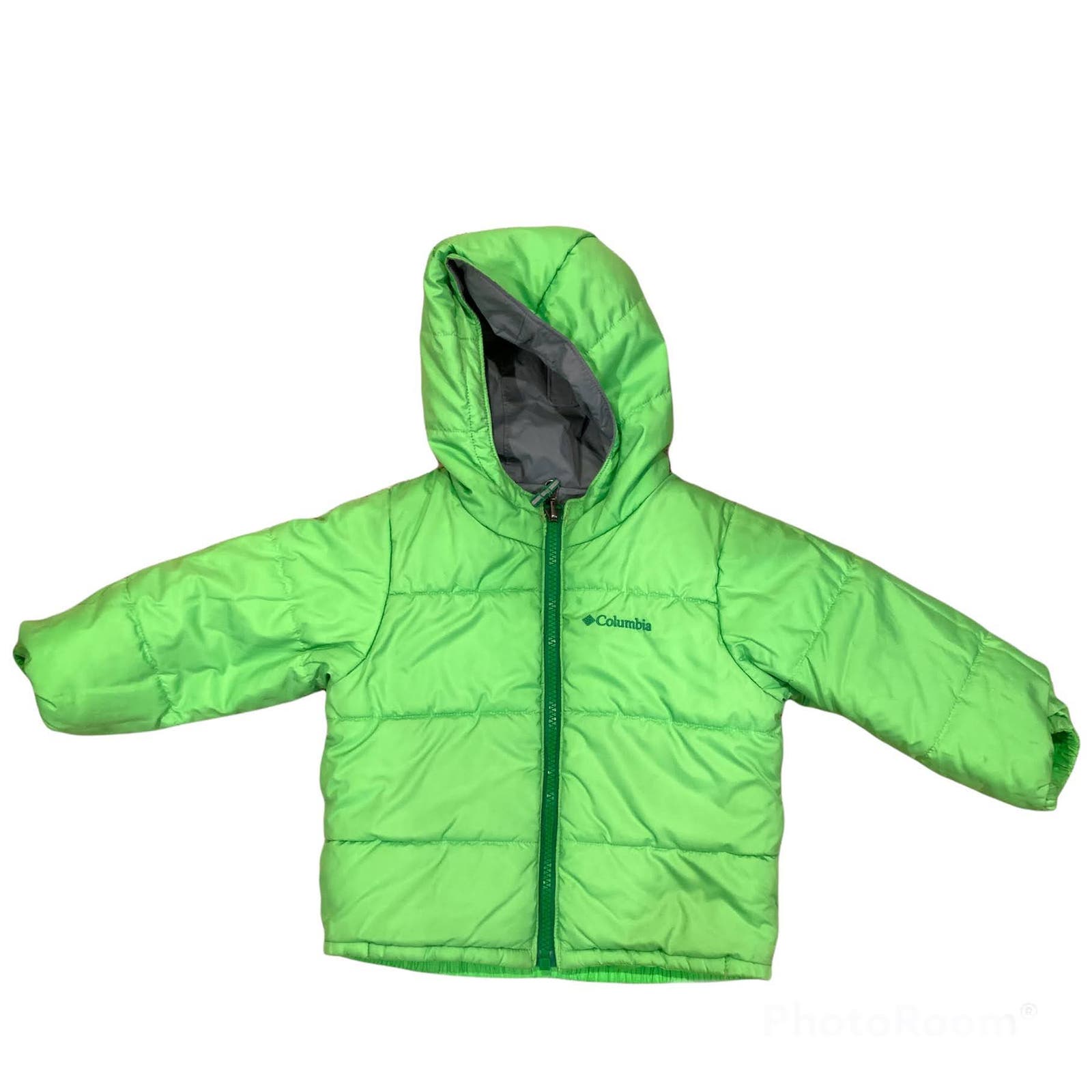 Columbia Reversible Winter Coat 2T Puffer Lined Hooded Jacket Green Zipper Gray