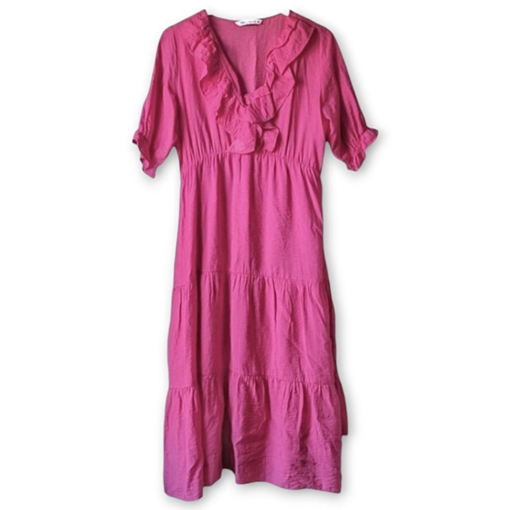 Zara Ruffled Tiered Maxi Midi Dress Puffed Sleeves sz M Hot Pink