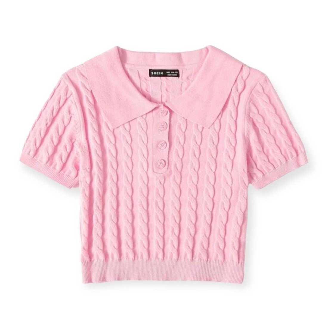 Pink Short Sleeve Cable Knit Crop Top