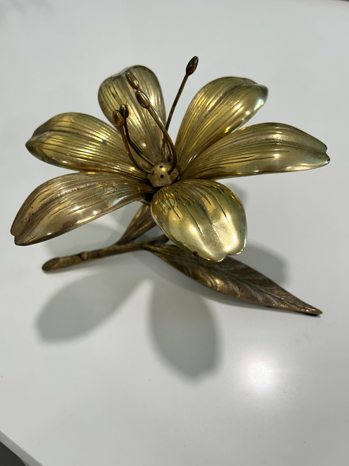 Vintage MCM Brass Lotus Ashtray 6 Petals 5 Stamen One Flower Base Made in Isreal