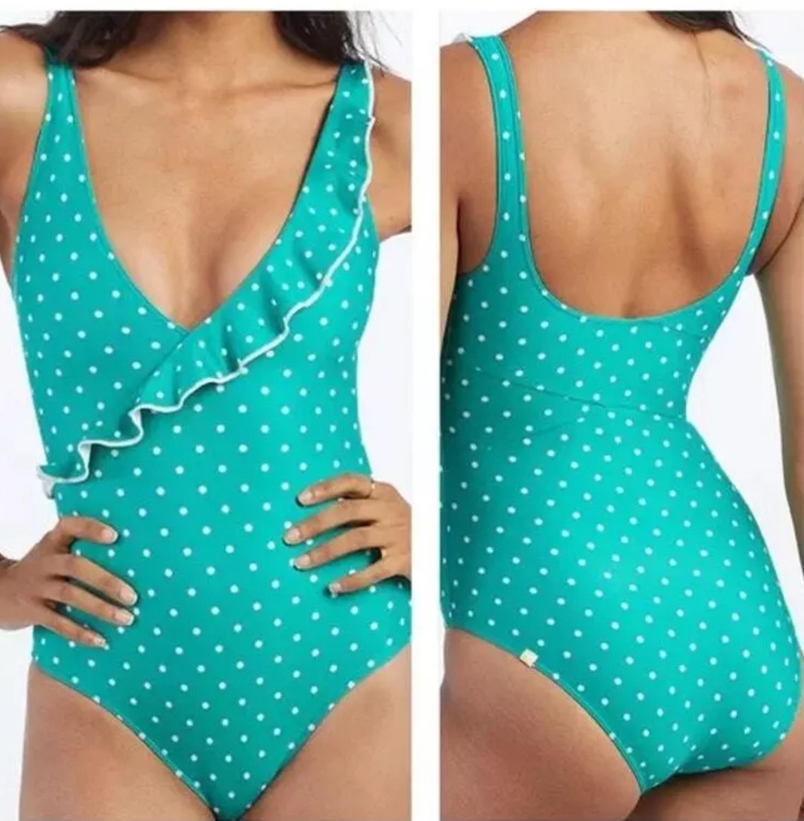 Summersalt women’s polka dot ruffle wrap one pc swimsuit size 6 seaglass green
