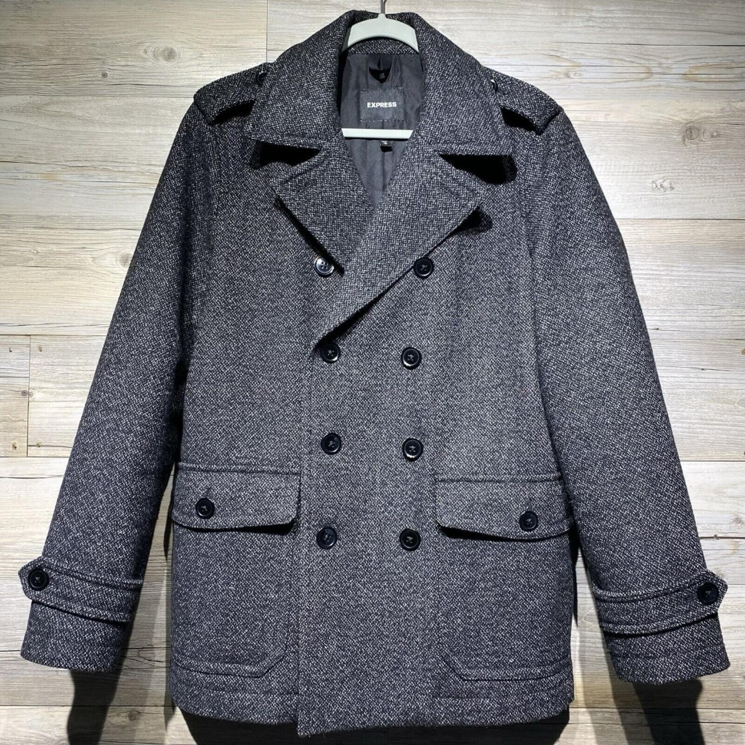 Express Double Breasted Wool Blend Peacoat Men’s M Salt & Pepper Water Resistant