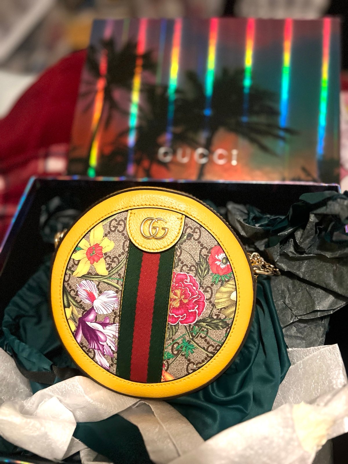 -Gucci Mini Ophidia GG Flora Round Shoulder Bag in Yellow