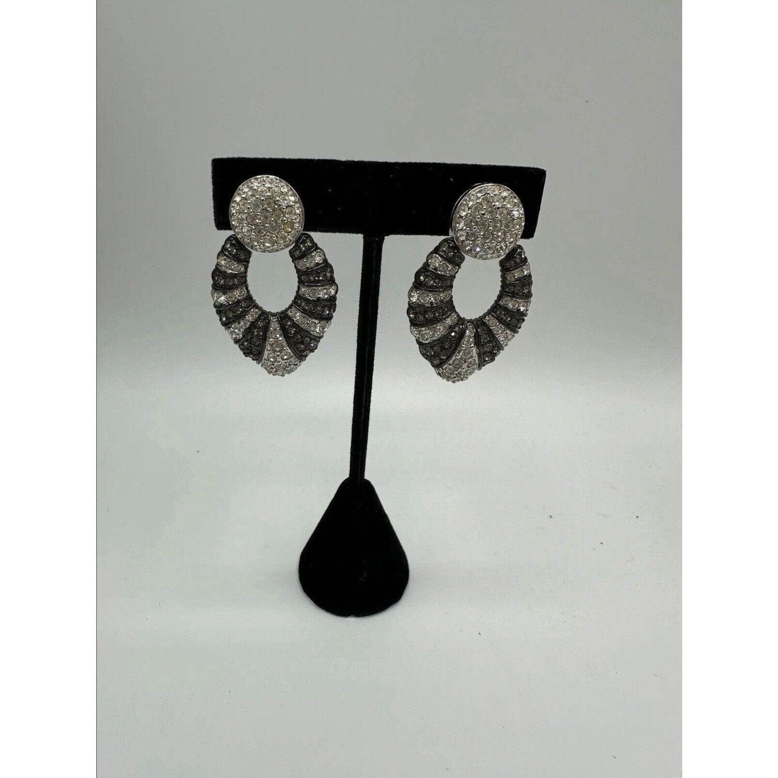 Vintage Rare Swarovski Clip On Earrings Black & Silver Large & Stunning