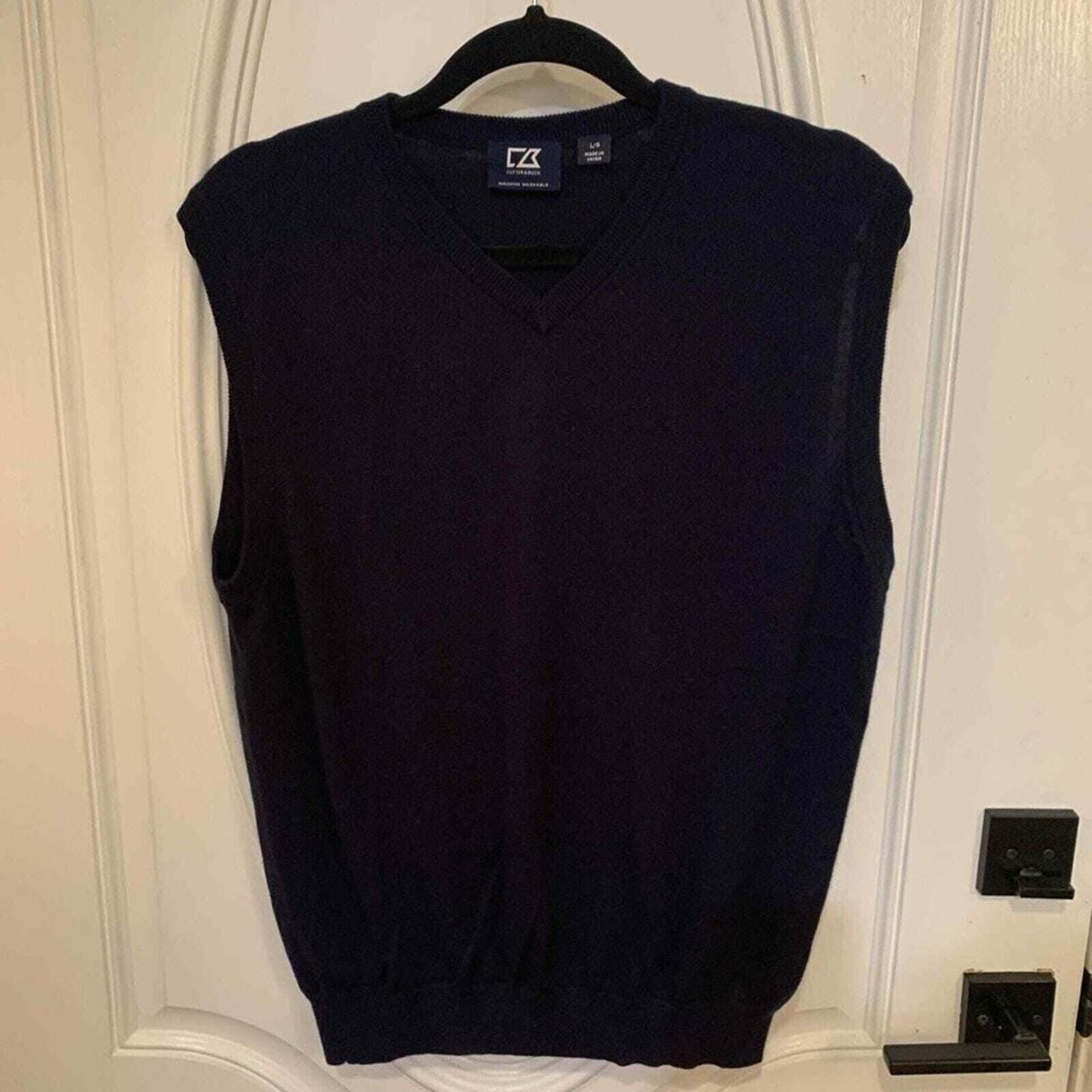 Cutter & Buck Sweater Vest Men's Large V Neck Merino Wool Blend Navy Blue