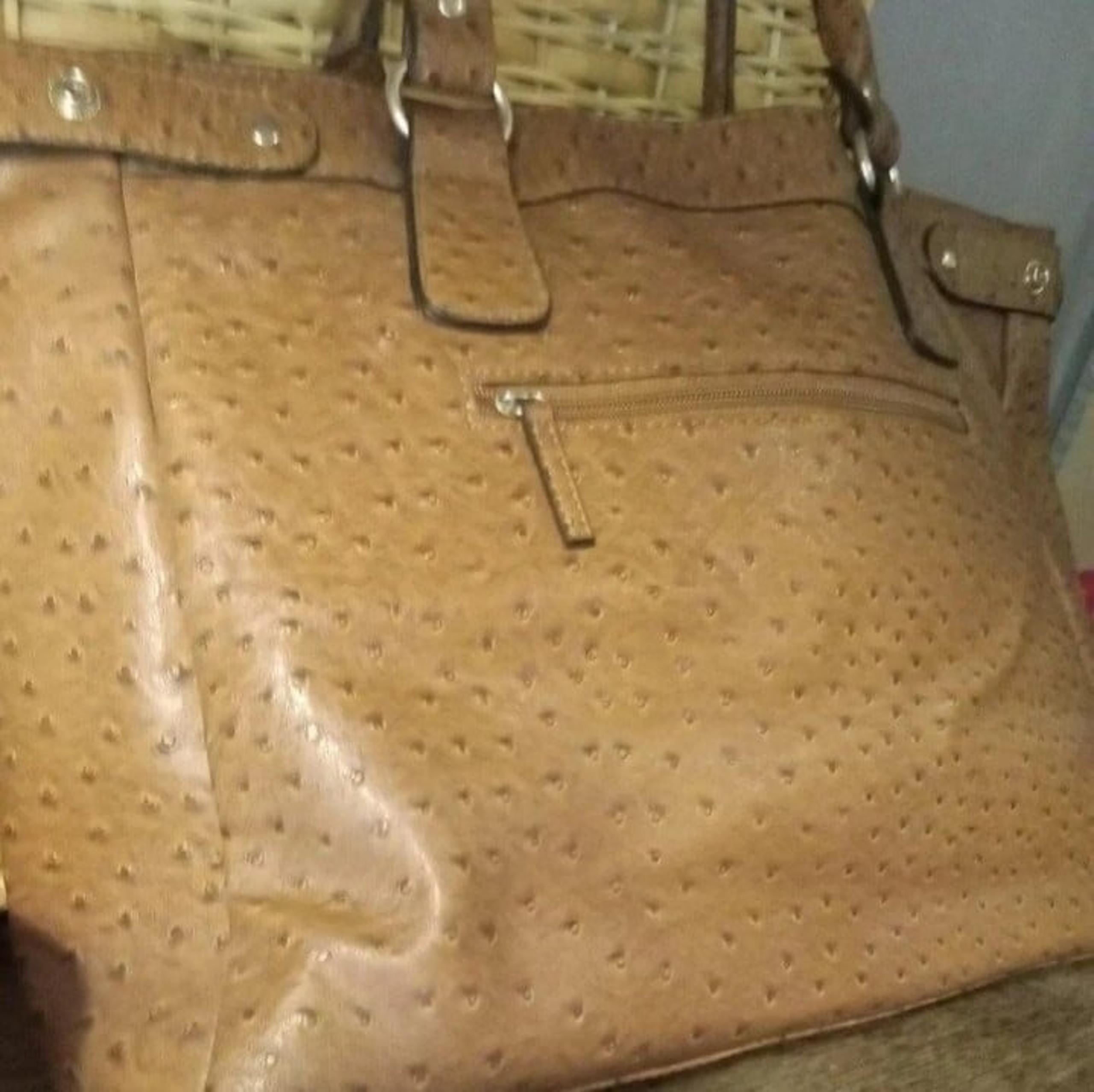 Bueno faux leather Camel ostrich pebbled carryall commuter tote handbag.