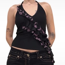 Y2k halter top ruffled asymmetric black with baby pink fairycore top vintage